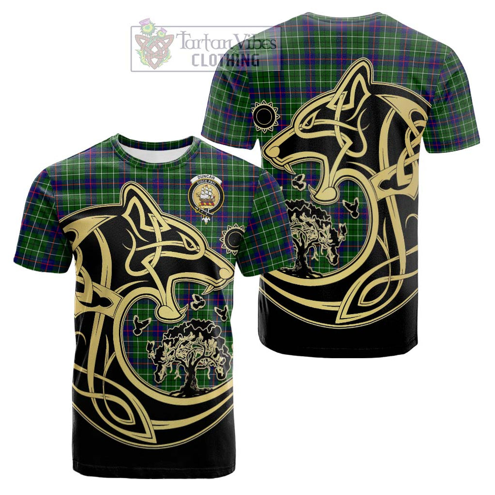 Tartan Vibes Clothing Duncan Modern Tartan Cotton T-shirt with Family Crest Celtic Wolf Style