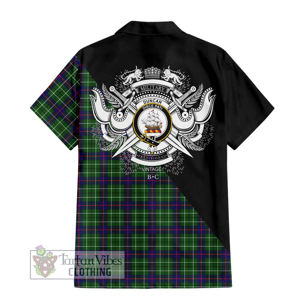 Duncan Modern Tartan Short Sleeve Button Shirt with Family Crest and Military Logo Style - Tartanvibesclothing Shop