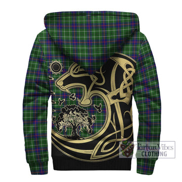 Duncan Modern Tartan Sherpa Hoodie with Family Crest Celtic Wolf Style