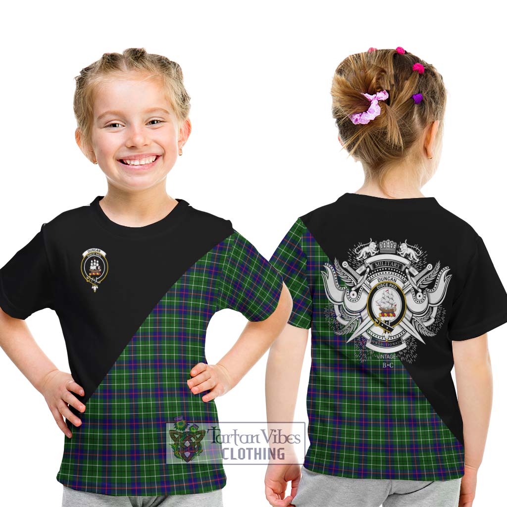 Tartan Vibes Clothing Duncan Modern Tartan Kid T-Shirt with Family Crest and Military Logo Style