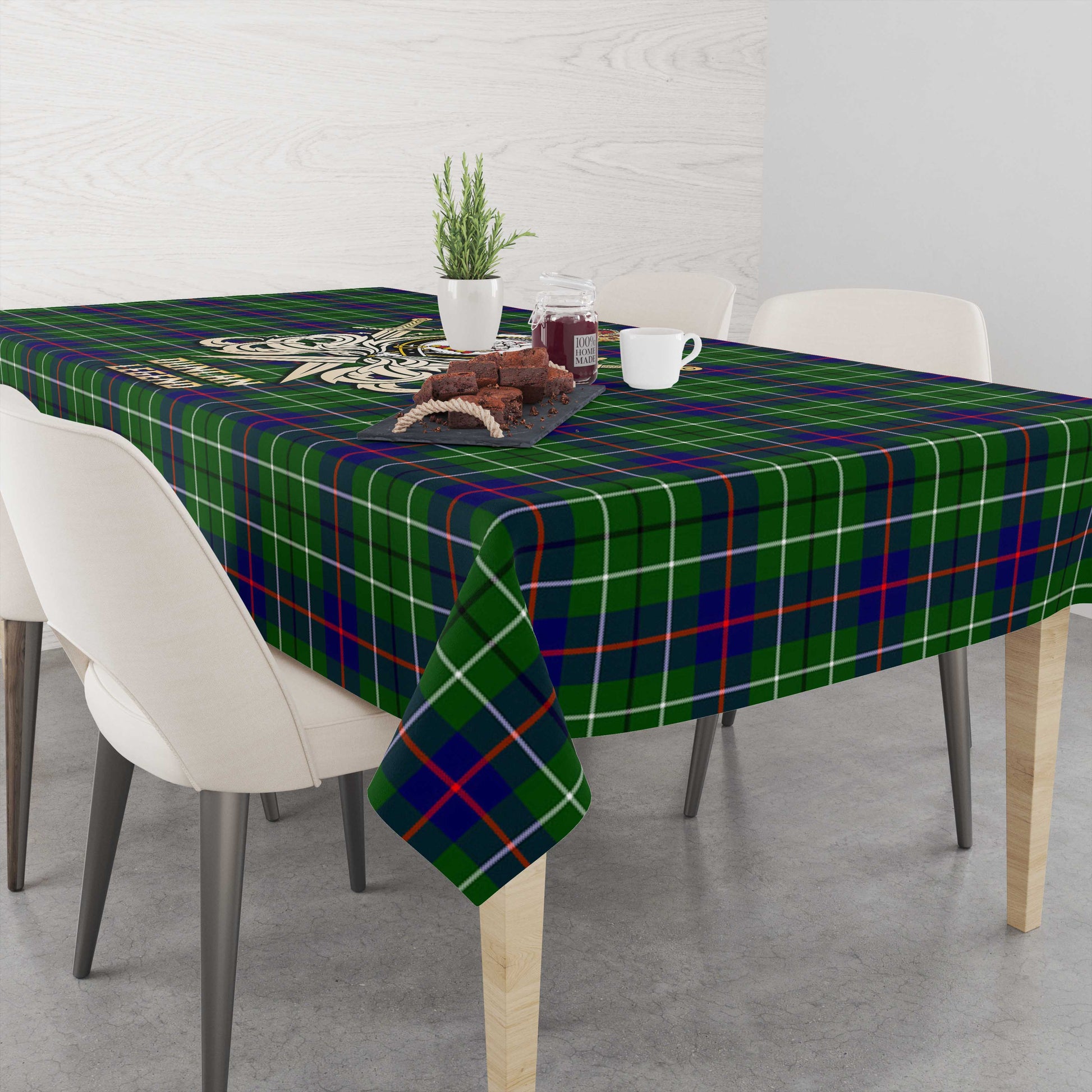 Tartan Vibes Clothing Duncan Modern Tartan Tablecloth with Clan Crest and the Golden Sword of Courageous Legacy