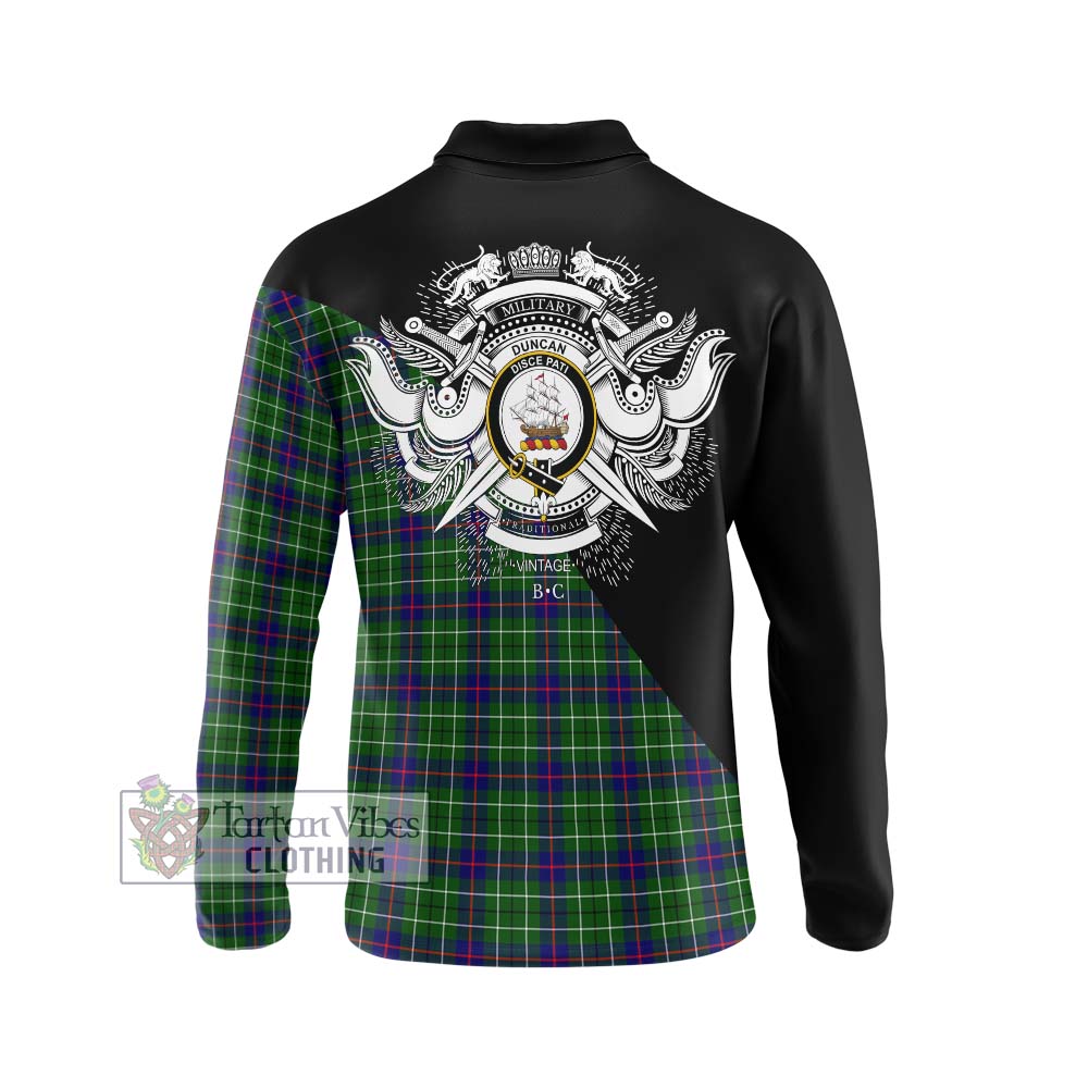 Tartan Vibes Clothing Duncan Modern Tartan Long Sleeve Polo Shirt with Family Crest and Military Logo Style