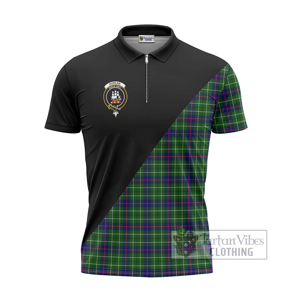 Duncan Modern Tartan Zipper Polo Shirt with Family Crest and Military Logo Style - Tartanvibesclothing Shop