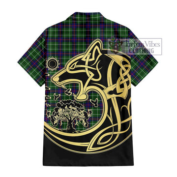 Duncan Modern Tartan Short Sleeve Button Shirt with Family Crest Celtic Wolf Style