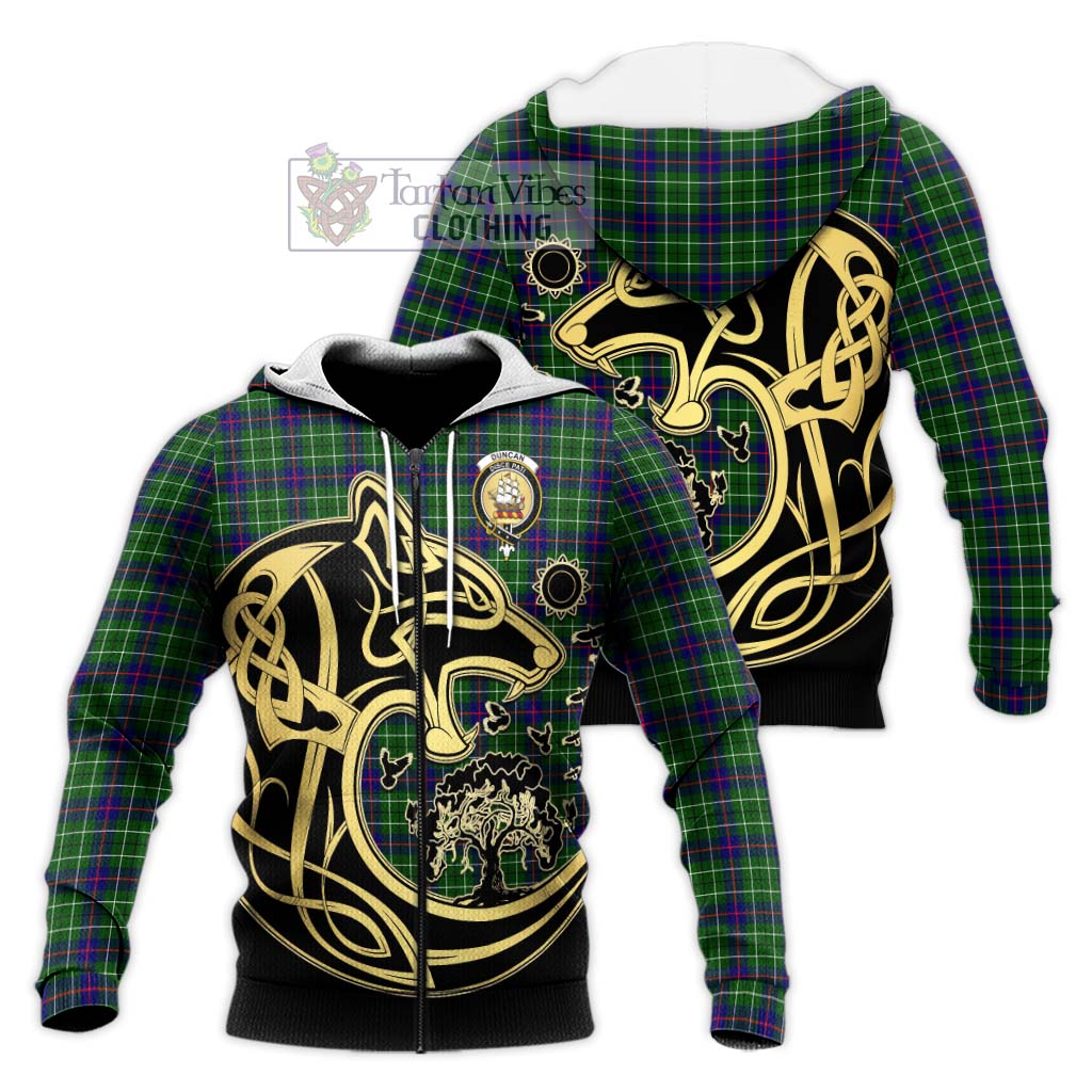 Tartan Vibes Clothing Duncan Modern Tartan Knitted Hoodie with Family Crest Celtic Wolf Style
