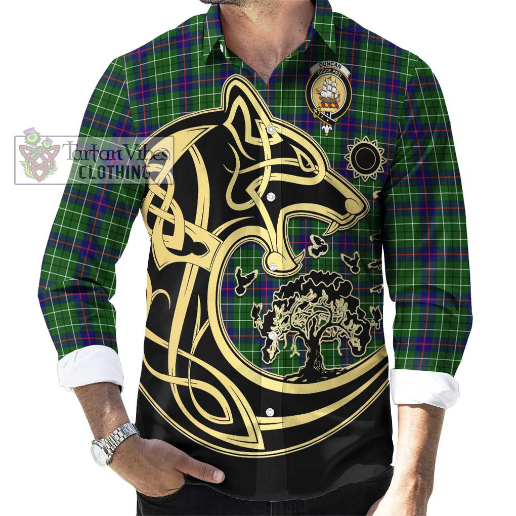 Duncan Modern Tartan Long Sleeve Button Shirt with Family Crest Celtic Wolf Style - Tartan Vibes Clothing