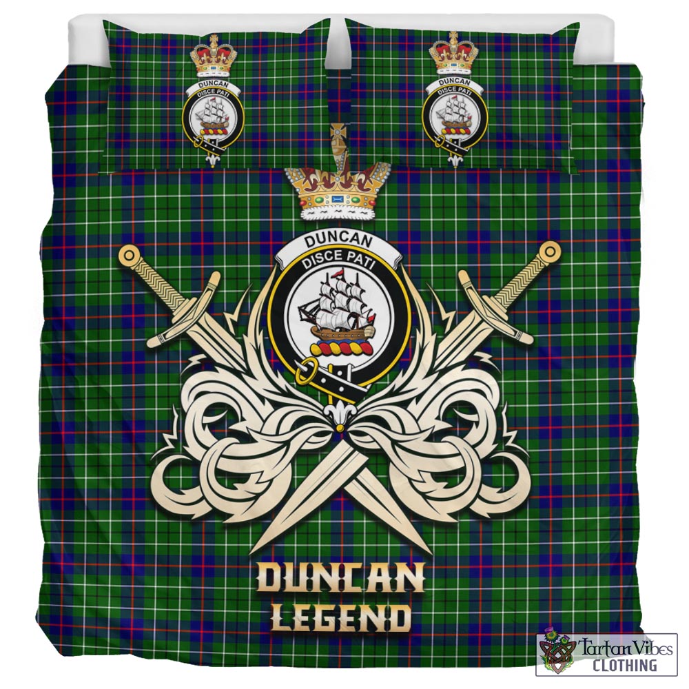 Tartan Vibes Clothing Duncan Modern Tartan Bedding Set with Clan Crest and the Golden Sword of Courageous Legacy