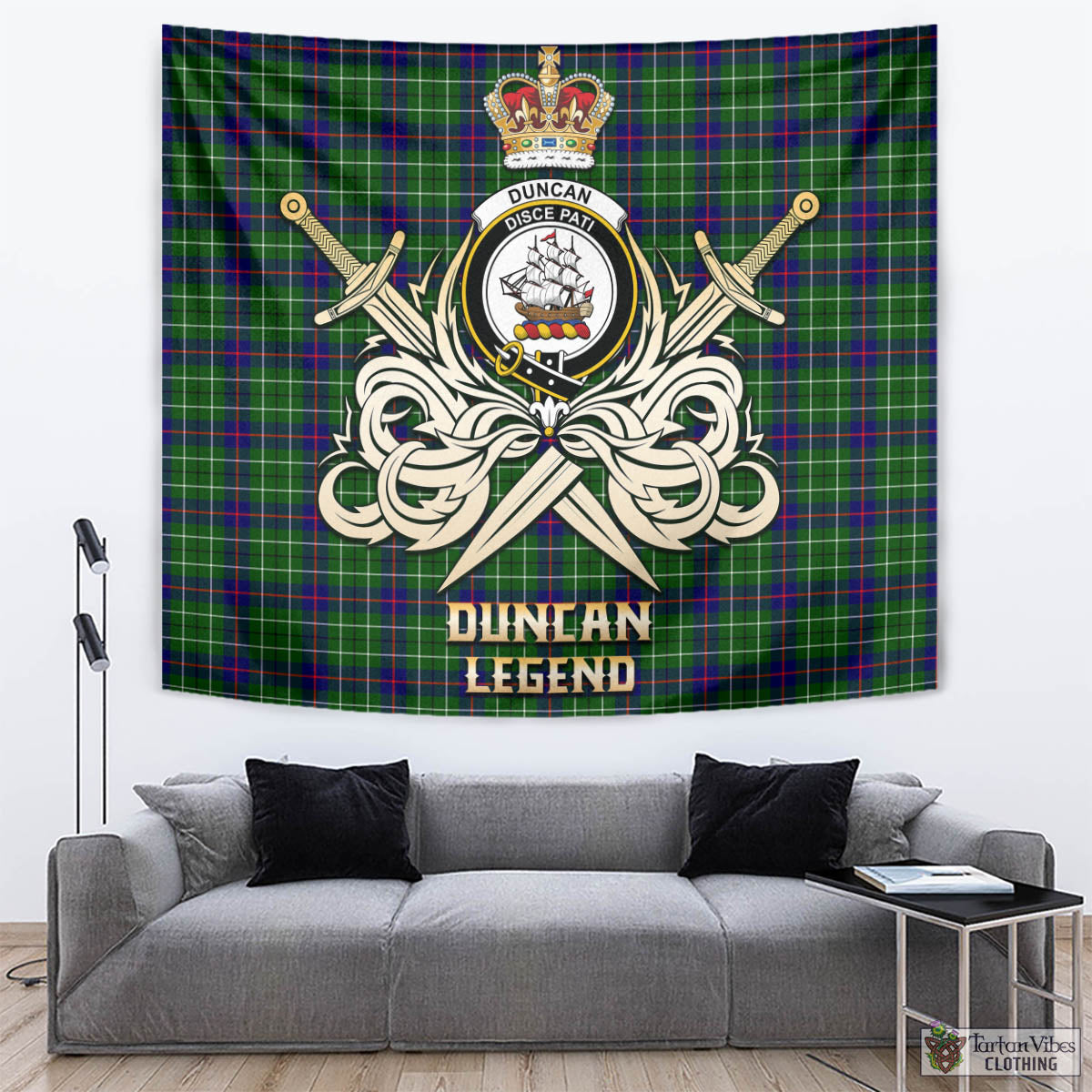 Tartan Vibes Clothing Duncan Modern Tartan Tapestry with Clan Crest and the Golden Sword of Courageous Legacy