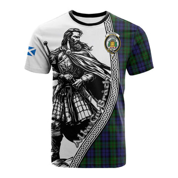 Dundas Tartan Clan Crest Cotton T-shirt with Highlander Warrior Celtic Style