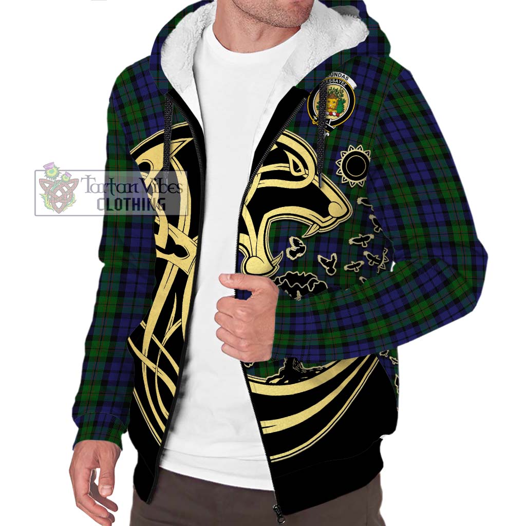 Tartan Vibes Clothing Dundas Tartan Sherpa Hoodie with Family Crest Celtic Wolf Style
