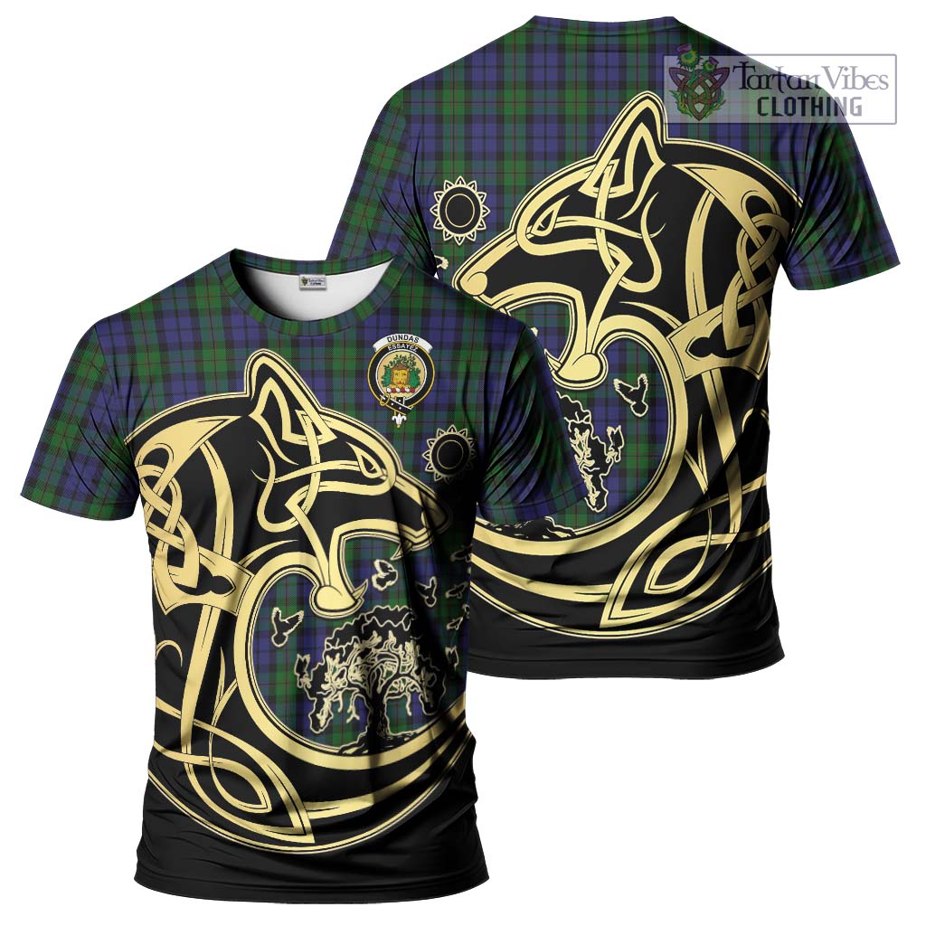 Tartan Vibes Clothing Dundas Tartan T-Shirt with Family Crest Celtic Wolf Style