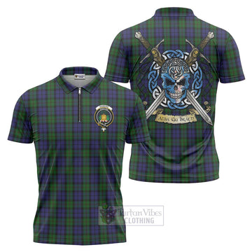 Dundas Tartan Zipper Polo Shirt with Family Crest Celtic Skull Style Unisex - Tartan Vibes Clothing