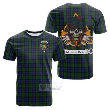 Dundas Tartan Cotton T-shirt with Family Crest and Bearded Skull Holding Bottles of Whiskey