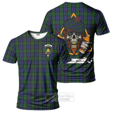 Dundas Tartan T-Shirt with Family Crest and Bearded Skull Holding Bottles of Whiskey