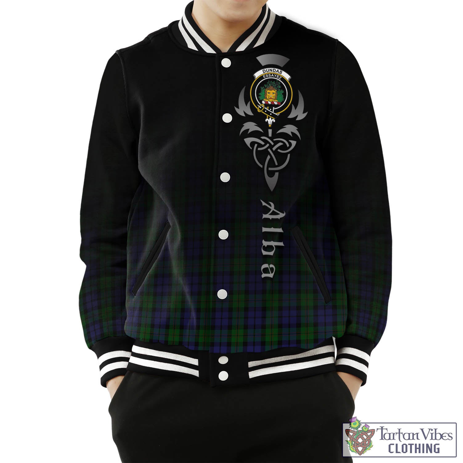 Tartan Vibes Clothing Dundas Tartan Baseball Jacket Featuring Alba Gu Brath Family Crest Celtic Inspired