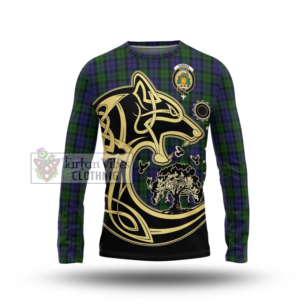 Tartan Vibes Clothing Dundas Tartan Long Sleeve T-Shirt with Family Crest Celtic Wolf Style