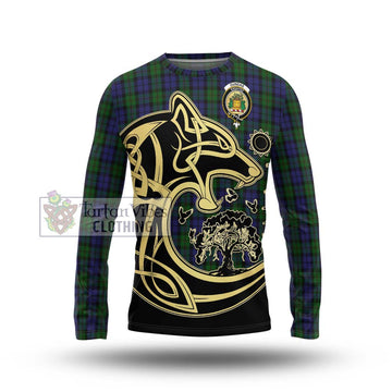 Dundas Tartan Long Sleeve T-Shirt with Family Crest Celtic Wolf Style