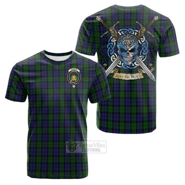 Dundas Tartan Cotton T-shirt with Family Crest Celtic Skull Style