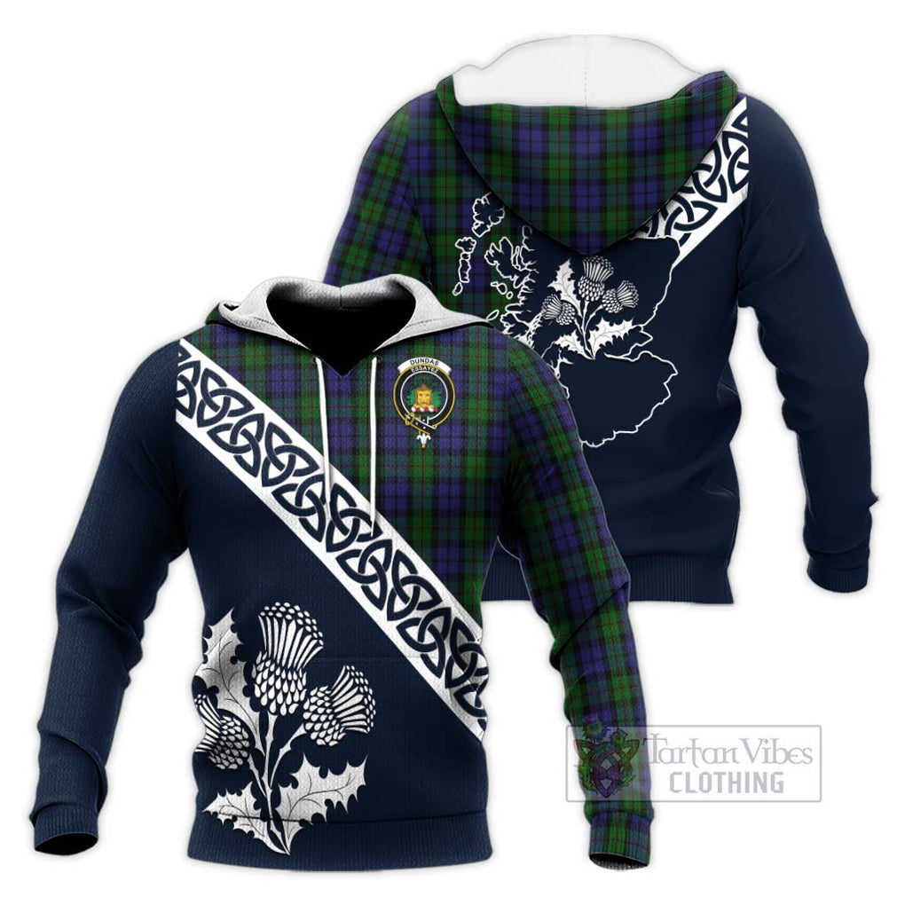 Dundas Tartan Knitted Hoodie Featuring Thistle and Scotland Map Unisex Knitted Pullover Hoodie - Tartan Vibes Clothing