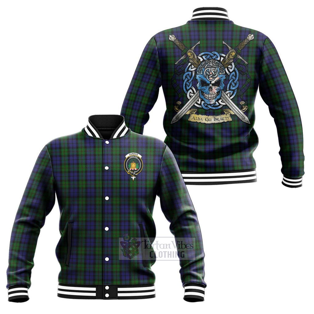 Dundas Tartan Baseball Jacket with Family Crest Celtic Skull Style Unisex - Tartan Vibes Clothing