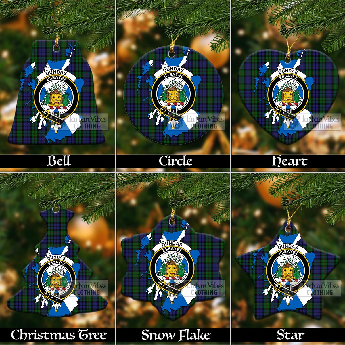 Tartan Vibes Clothing Dundas Tartan Christmas Ornament with Family Crest and Scotland Map