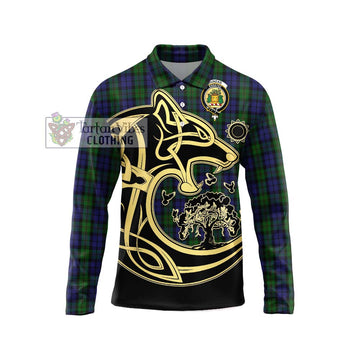 Dundas Tartan Long Sleeve Polo Shirt with Family Crest Celtic Wolf Style