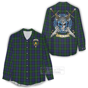 Dundas Tartan Women's Casual Shirt with Family Crest Celtic Skull Style