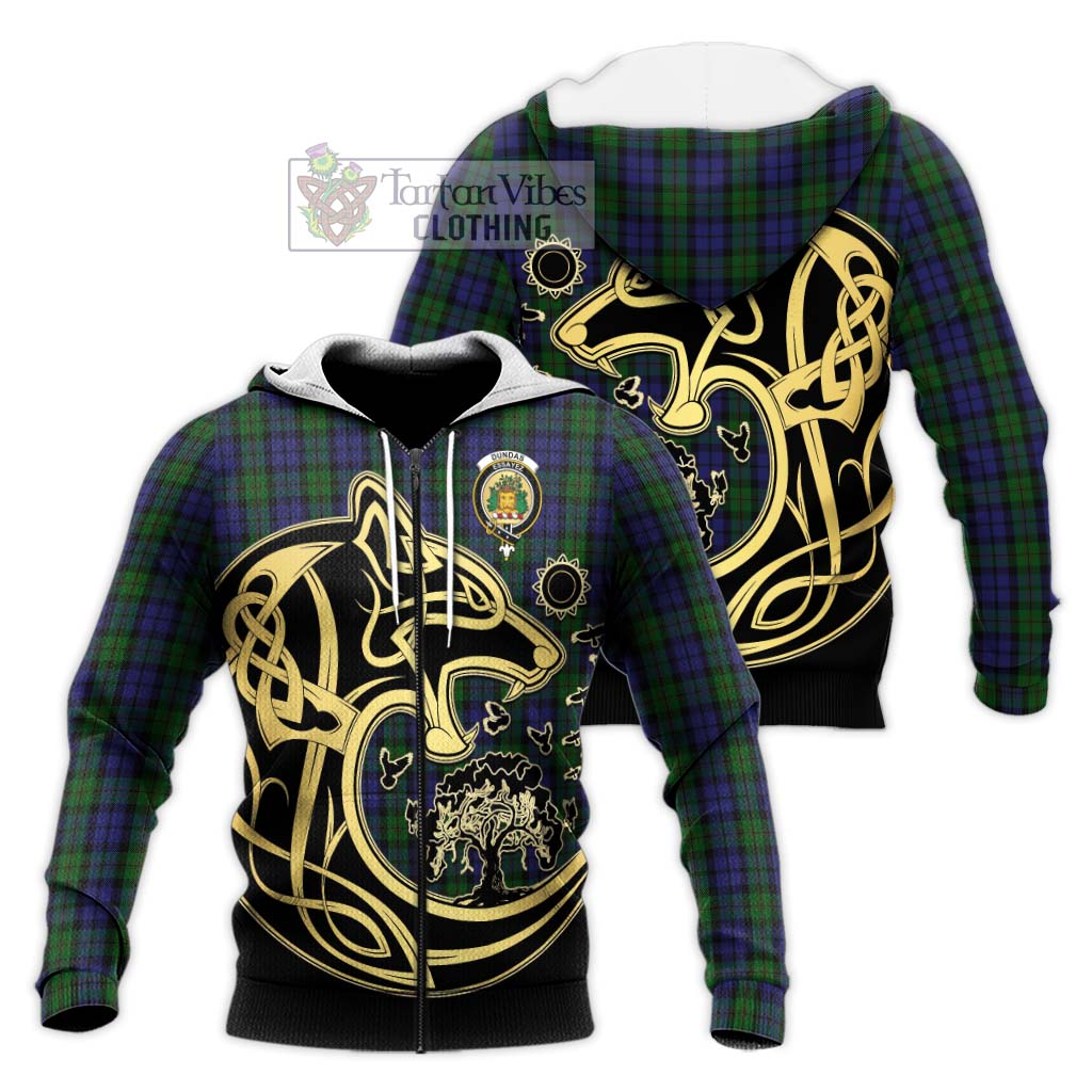 Tartan Vibes Clothing Dundas Tartan Knitted Hoodie with Family Crest Celtic Wolf Style