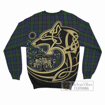 Dundas Tartan Sweatshirt with Family Crest Celtic Wolf Style