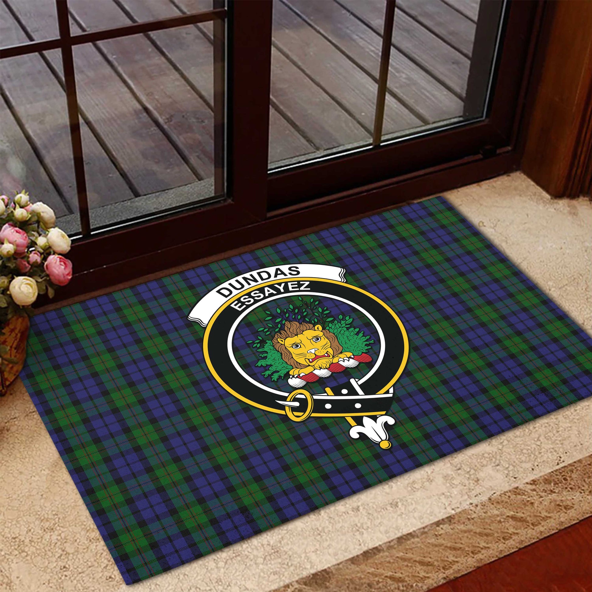 Dundas Tartan Door Mat with Family Crest - Tartanvibesclothing