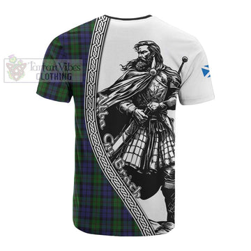 Dundas Tartan Clan Crest Cotton T-shirt with Highlander Warrior Celtic Style