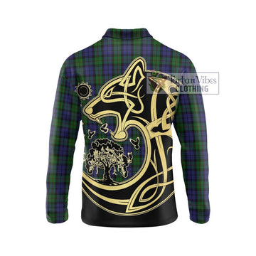 Dundas Tartan Long Sleeve Polo Shirt with Family Crest Celtic Wolf Style
