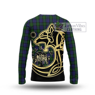 Dundas Tartan Long Sleeve T-Shirt with Family Crest Celtic Wolf Style