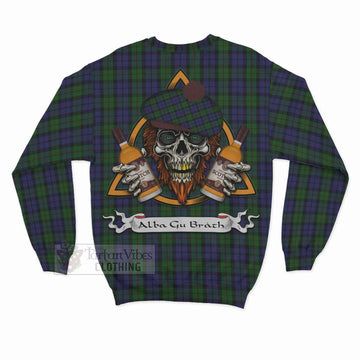 Dundas Tartan Sweatshirt with Family Crest and Bearded Skull Holding Bottles of Whiskey