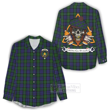 Dundas Tartan Women's Casual Shirt with Family Crest and Bearded Skull Holding Bottles of Whiskey