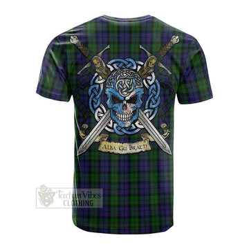 Dundas Tartan Cotton T-shirt with Family Crest Celtic Skull Style