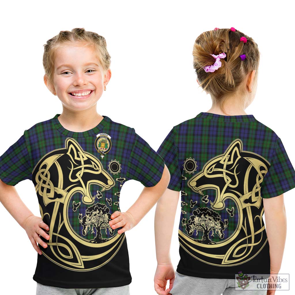 Tartan Vibes Clothing Dundas Tartan Kid T-Shirt with Family Crest Celtic Wolf Style