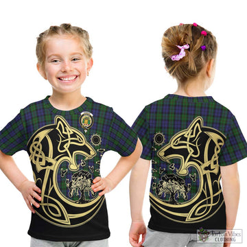 Dundas Tartan Kid T-Shirt with Family Crest Celtic Wolf Style
