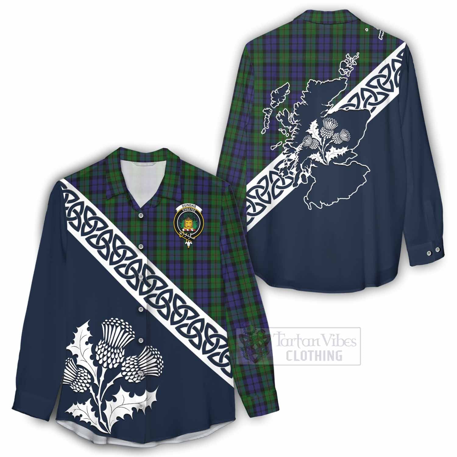 Tartan Vibes Clothing Dundas Tartan Women's Casual Shirt Featuring Thistle and Scotland Map