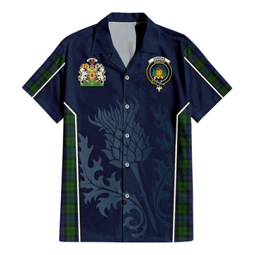 Dundas Tartan Short Sleeve Button Up Shirt with Family Crest and Scottish Thistle Vibes Sport Style