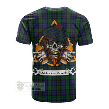 Dundas Tartan Cotton T-shirt with Family Crest and Bearded Skull Holding Bottles of Whiskey