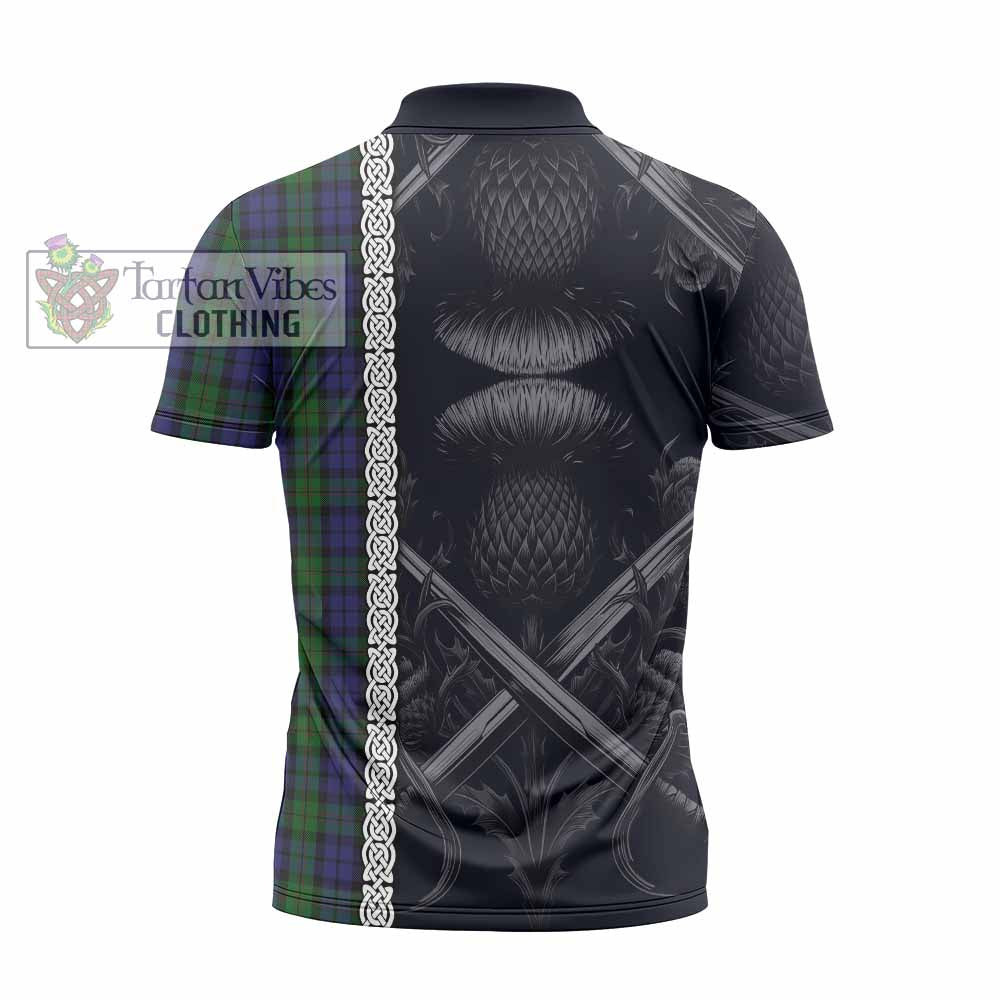 Tartan Vibes Clothing Dundas Tartan Zipper Polo Shirt with Family Crest Cross Sword Thistle Celtic Vibes