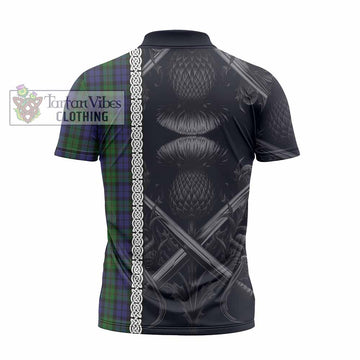 Dundas Tartan Zipper Polo Shirt with Family Crest Cross Sword Thistle Celtic Vibes