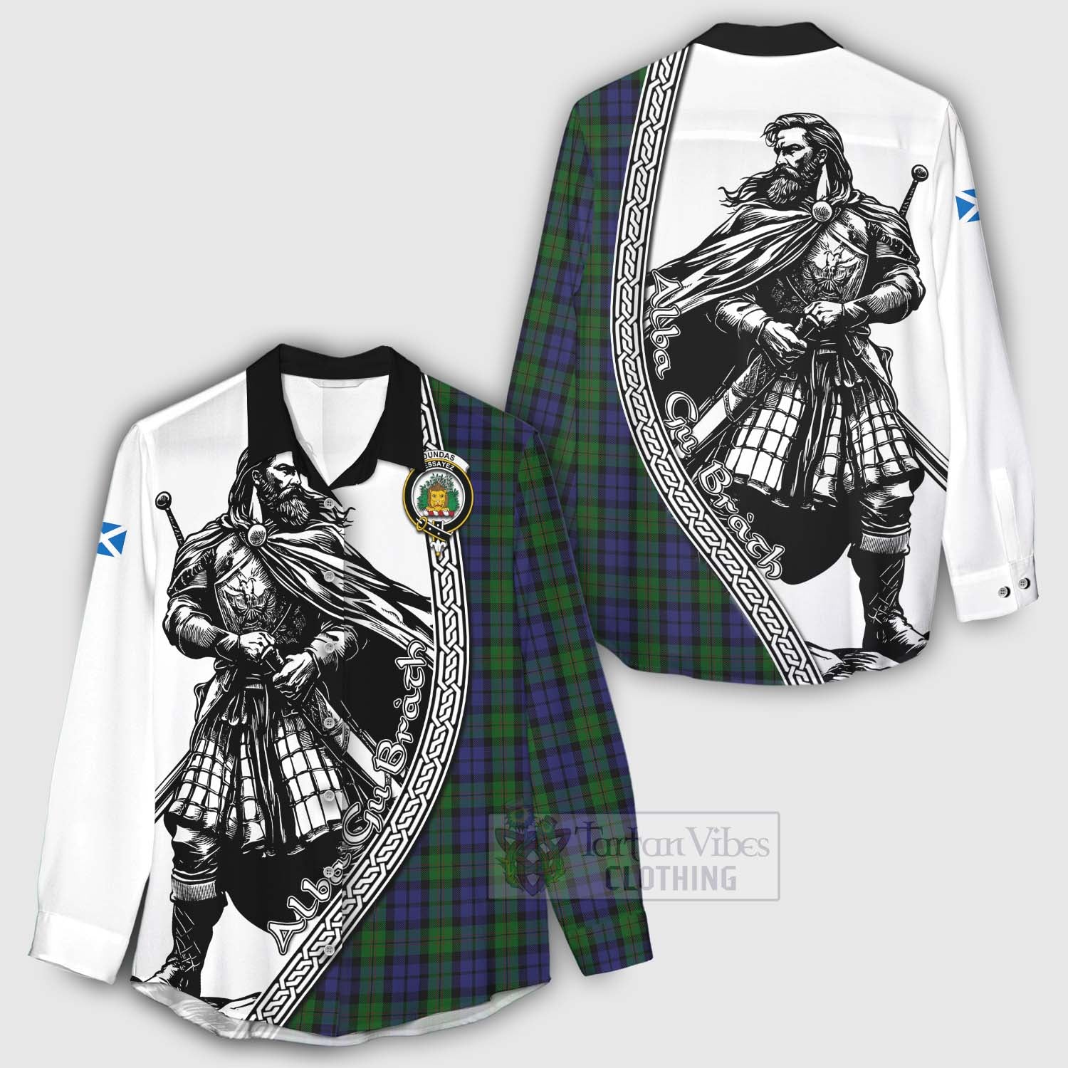 Tartan Vibes Clothing Dundas Tartan Clan Crest Women's Casual Shirt with Highlander Warrior Celtic Style