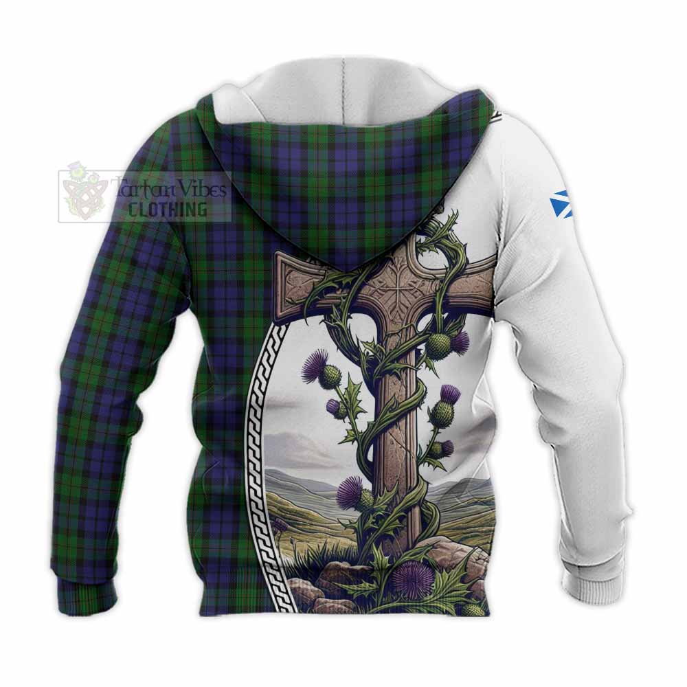 Tartan Vibes Clothing Dundas Tartan Knitted Hoodie with Family Crest and St. Andrew's Cross Accented by Thistle Vines