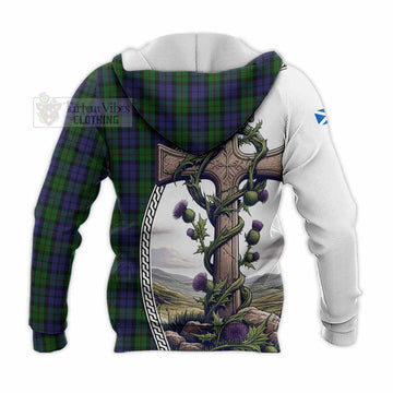 Dundas Tartan Knitted Hoodie with Family Crest and St. Andrew's Cross Accented by Thistle Vines