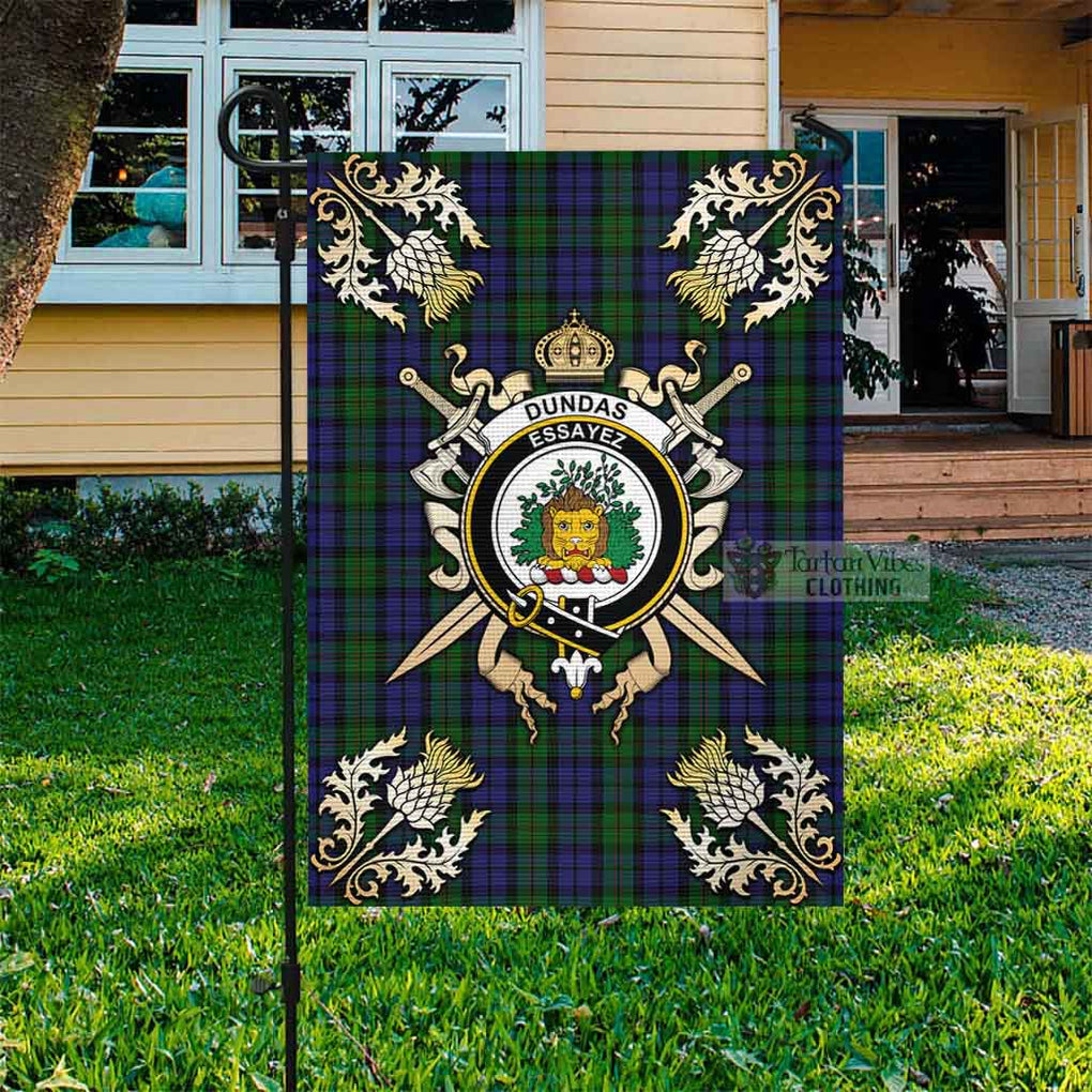 Tartan Vibes Clothing Dundas Tartan Flag with Family Crest and Golden Thistle Crossed Sword Design