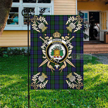 Dundas Tartan Flag with Family Crest and Golden Thistle Crossed Sword Design