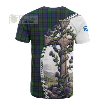 Dundas Tartan Cotton T-shirt with Family Crest and St. Andrew's Cross Accented by Thistle Vines - Tartan Vibes Clothing