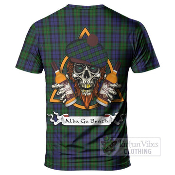 Dundas Tartan T-Shirt with Family Crest and Bearded Skull Holding Bottles of Whiskey